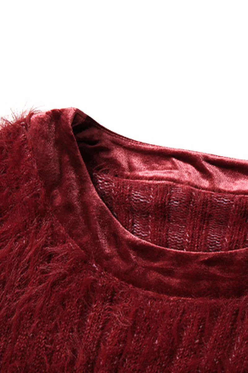 Oversized Faux Mink Fur Crewneck Sweater with Velvet Collar