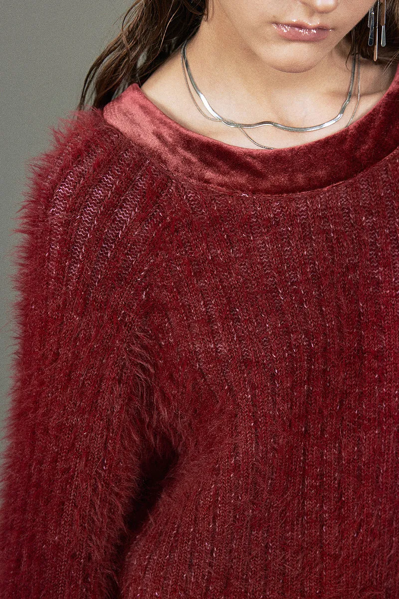 Oversized Faux Mink Fur Crewneck Sweater with Velvet Collar