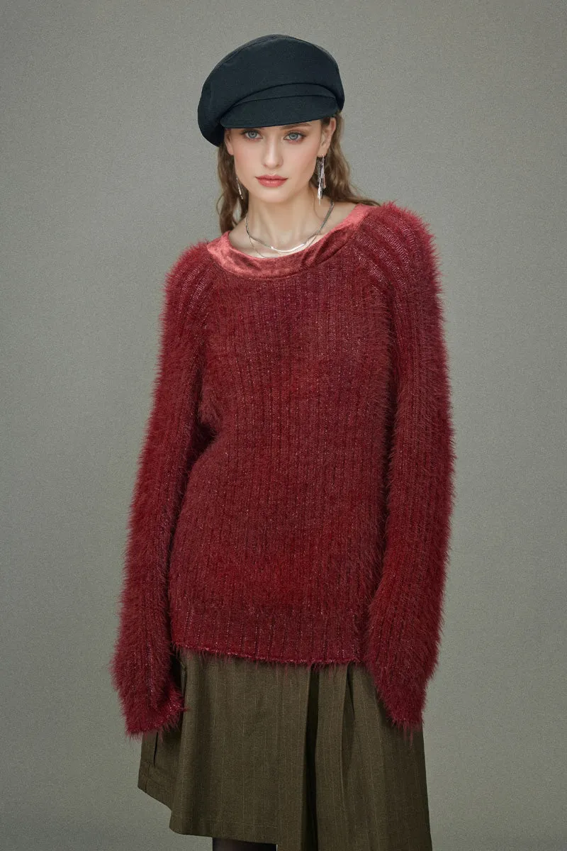 Oversized Faux Mink Fur Crewneck Sweater with Velvet Collar