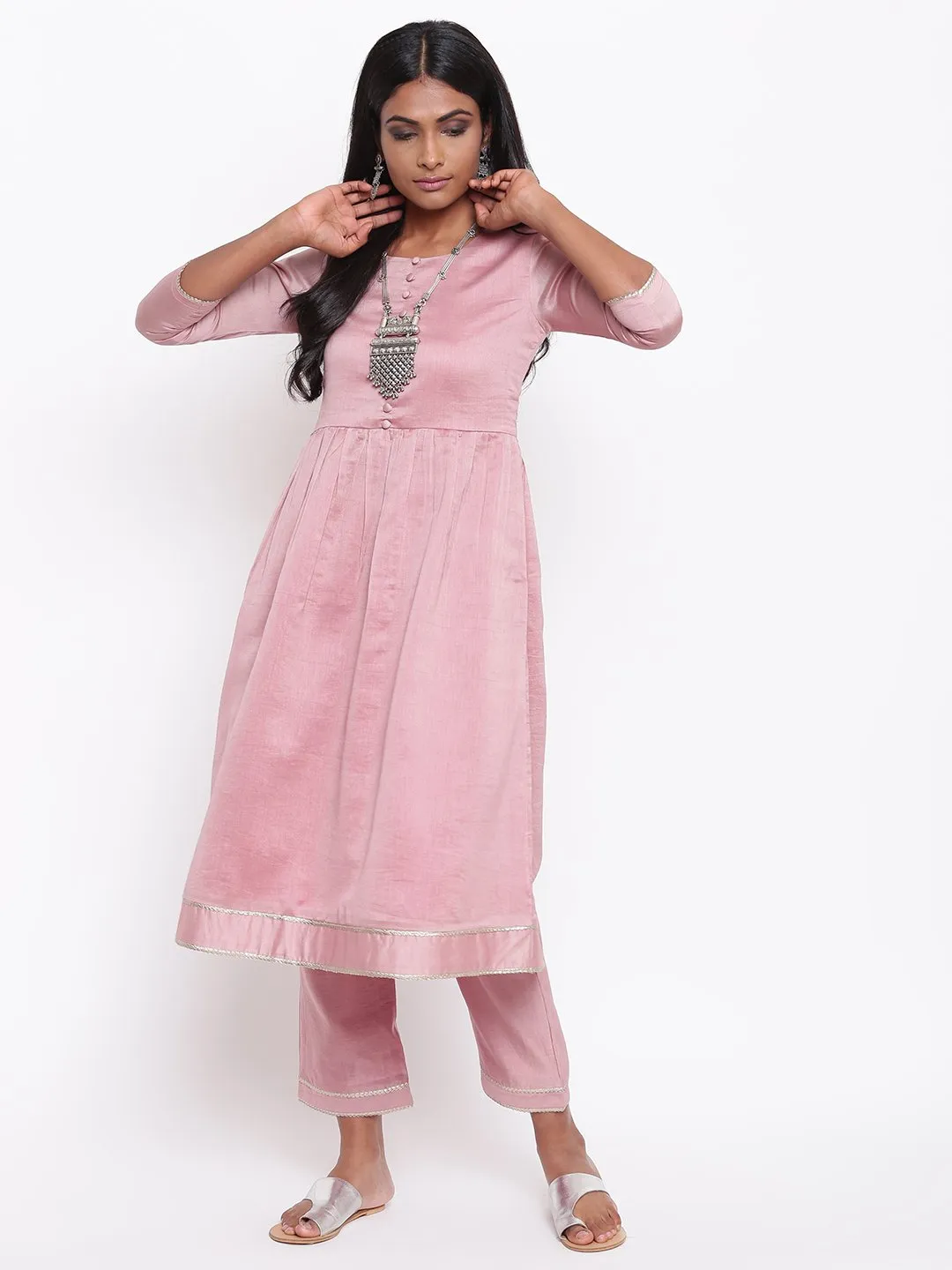 Pink Gota Gathered Kurta Set