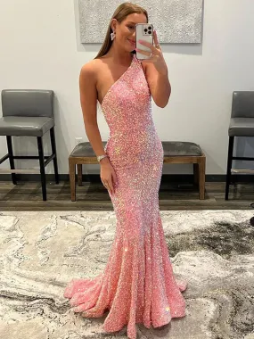 Pink Sheath One Shoulder Sleeveless Long Sweep Train Velvet Sequin Prom Dress (AF1004)