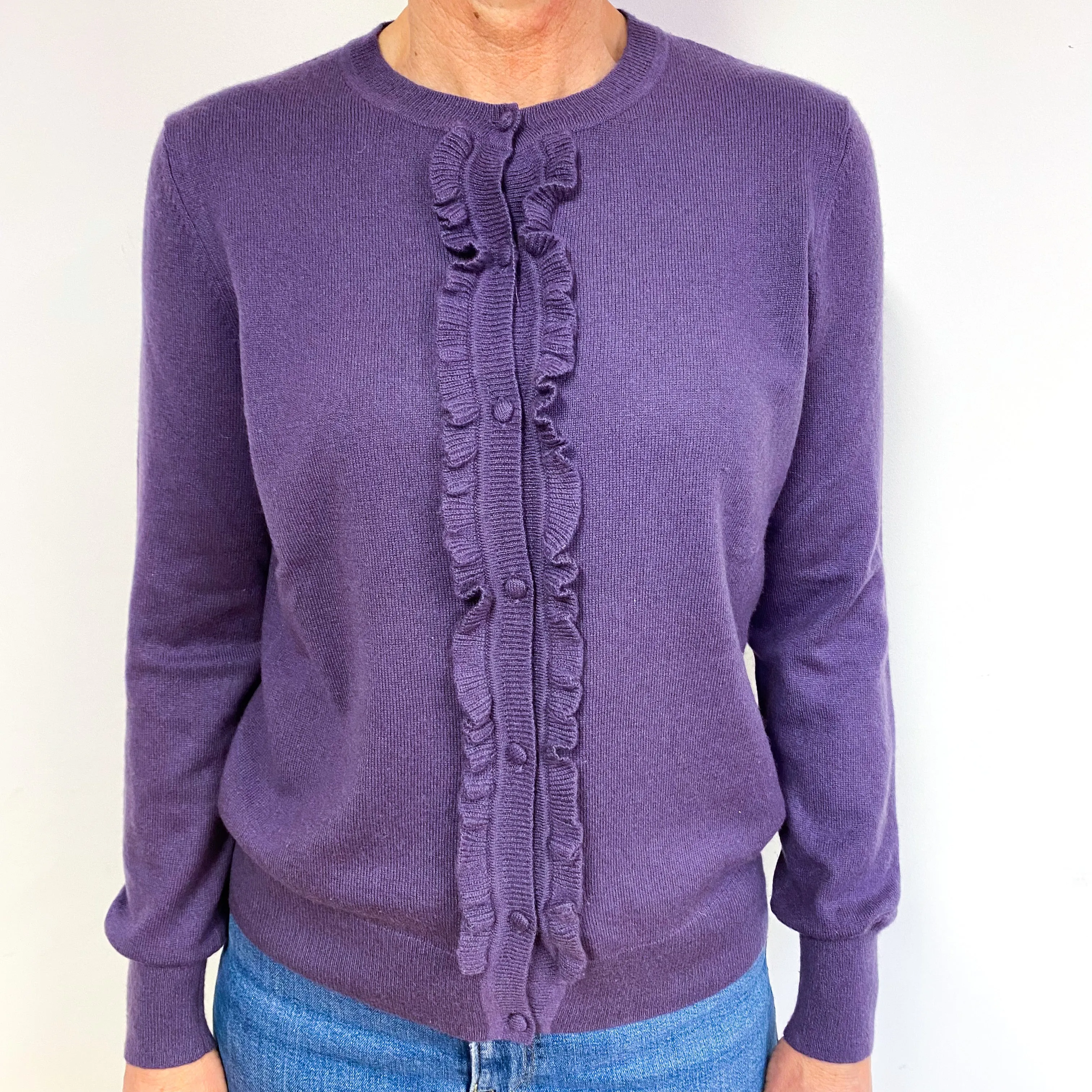 Purple Ruffle Cashmere Crew Neck Cardigan Medium