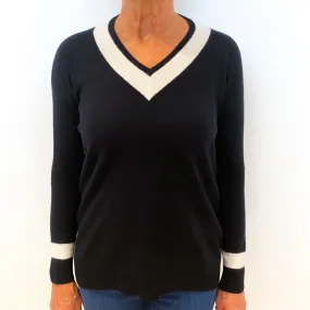 Ralph Lauren Black Cream Border Cashmere V-Neck Jumper Medium