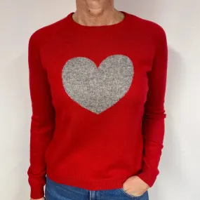 Red Grey Heart Cashmere Crew Neck Jumper Medium