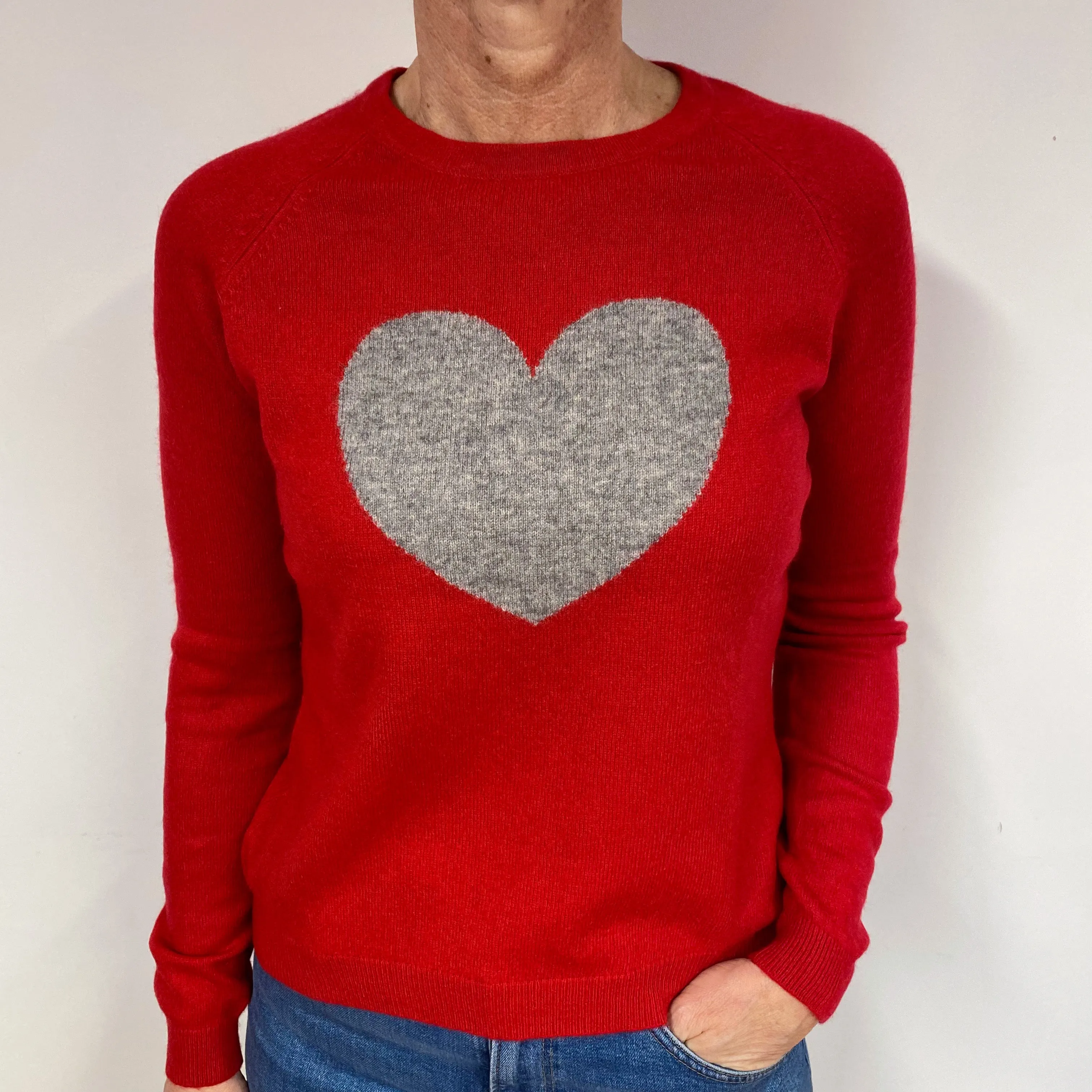 Red Grey Heart Cashmere Crew Neck Jumper Medium