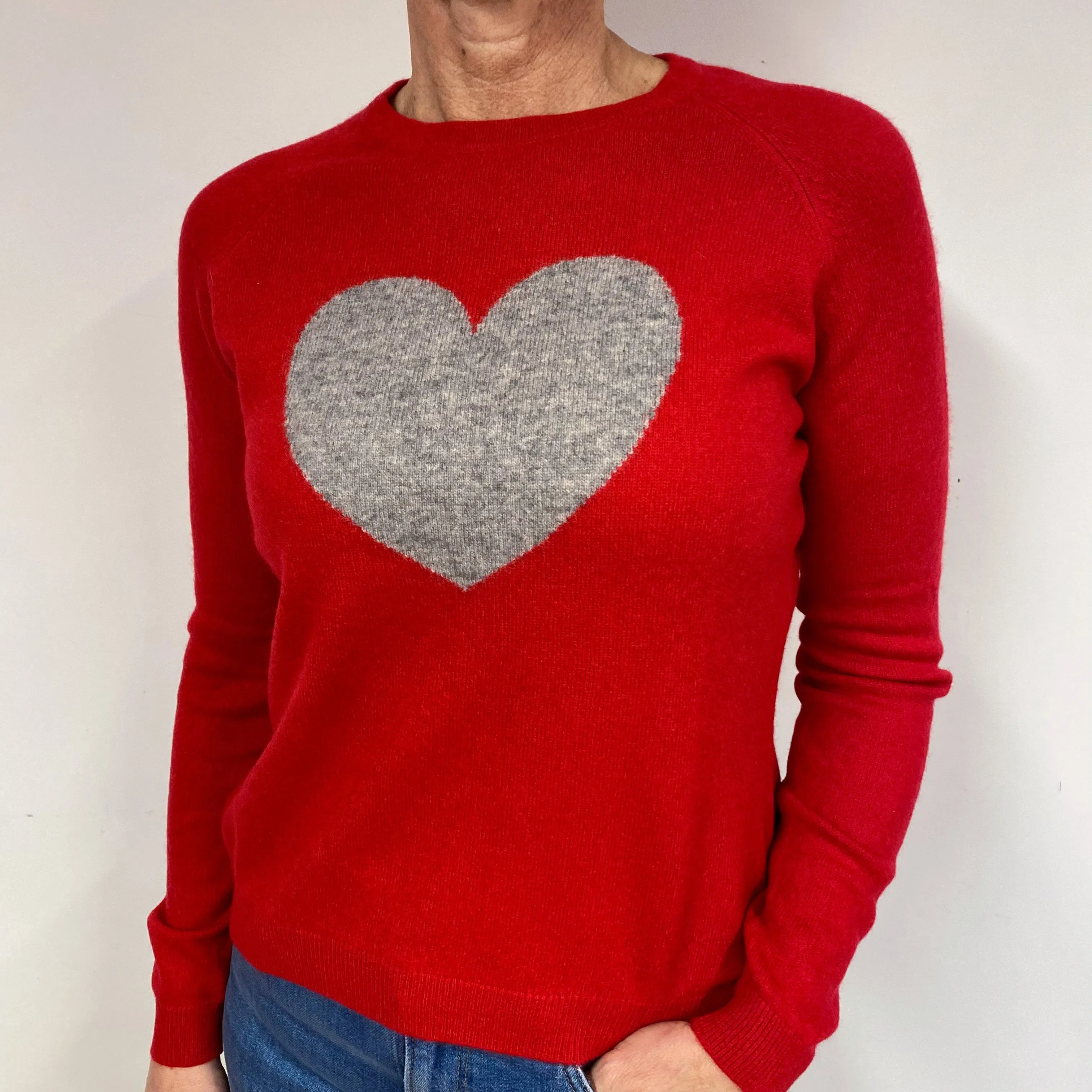 Red Grey Heart Cashmere Crew Neck Jumper Medium