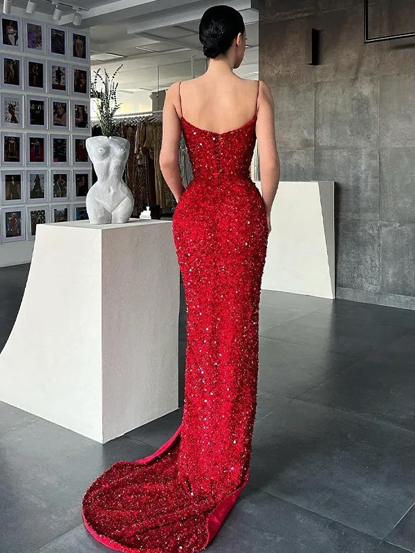 Red Sheath V-Neck Sleeveless Long Sweep Train Velvet Sequin Prom Dress (AF1021)