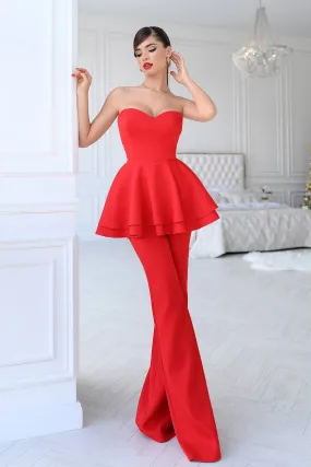 Red Sweetheart Peplum Top & Flared Pants 2-Piece Set