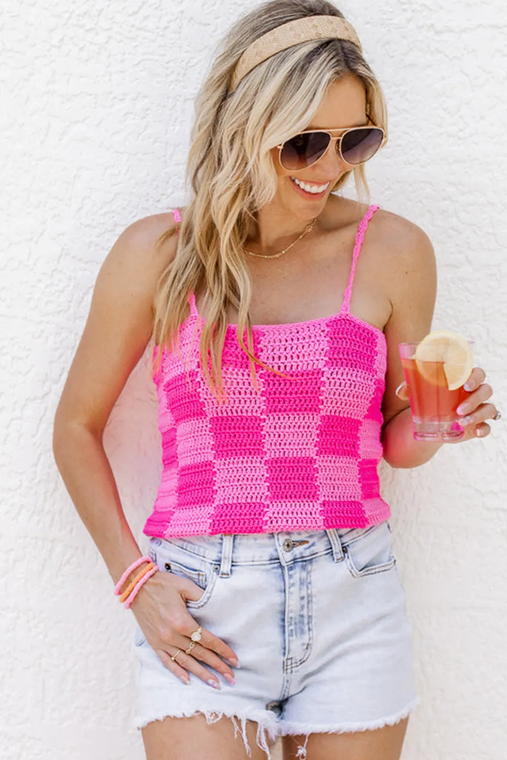 Rose Red Checkered Knitted Spaghetti Strap Sweater Vest