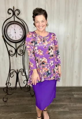 Samantha Ruffle High-Low Tunic-Purple Floral