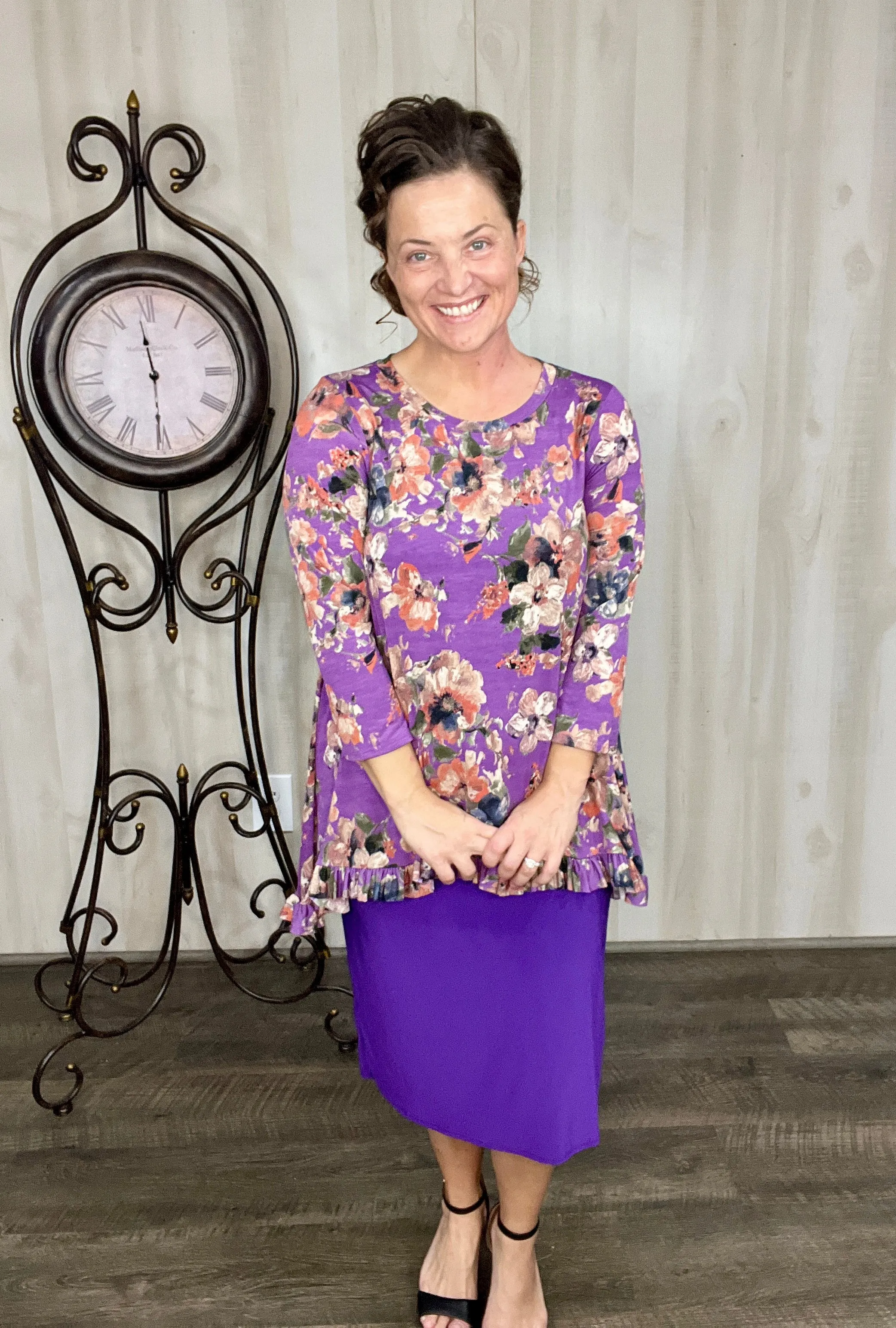 Samantha Ruffle High-Low Tunic-Purple Floral