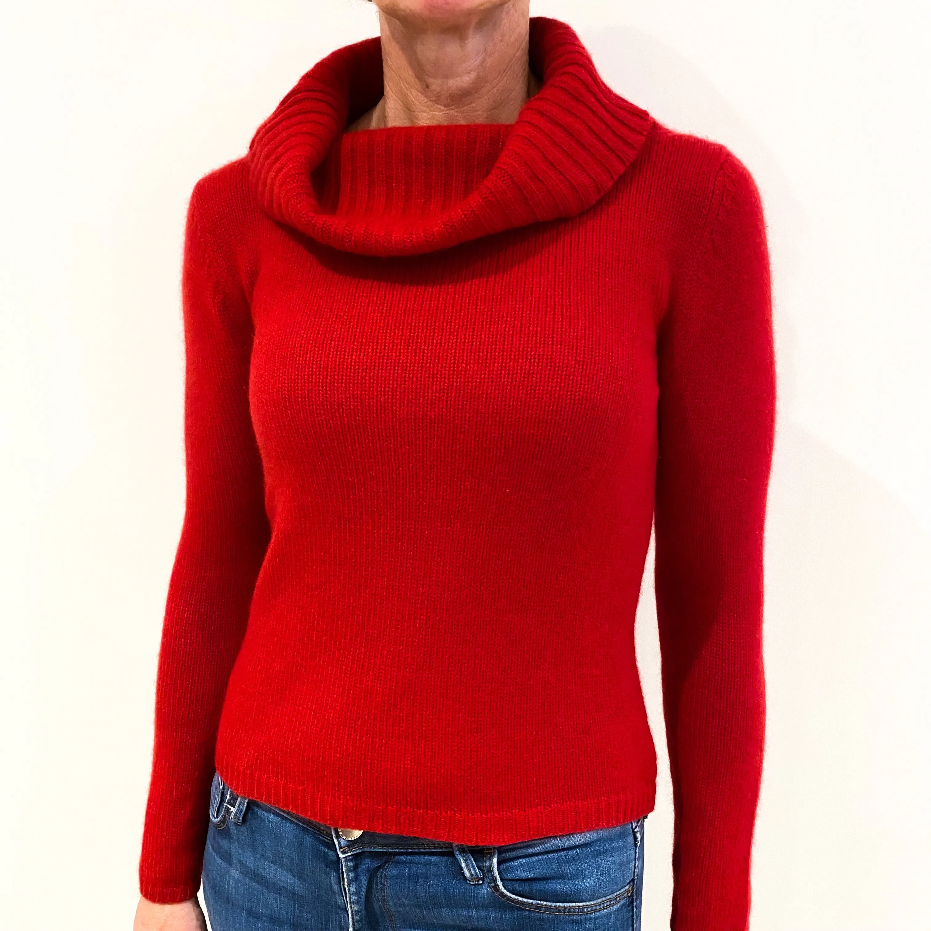 Scarlet Red Heavy Knit Cashmere Polo Neck Jumper Small