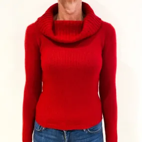 Scarlet Red Heavy Knit Cashmere Polo Neck Jumper Small
