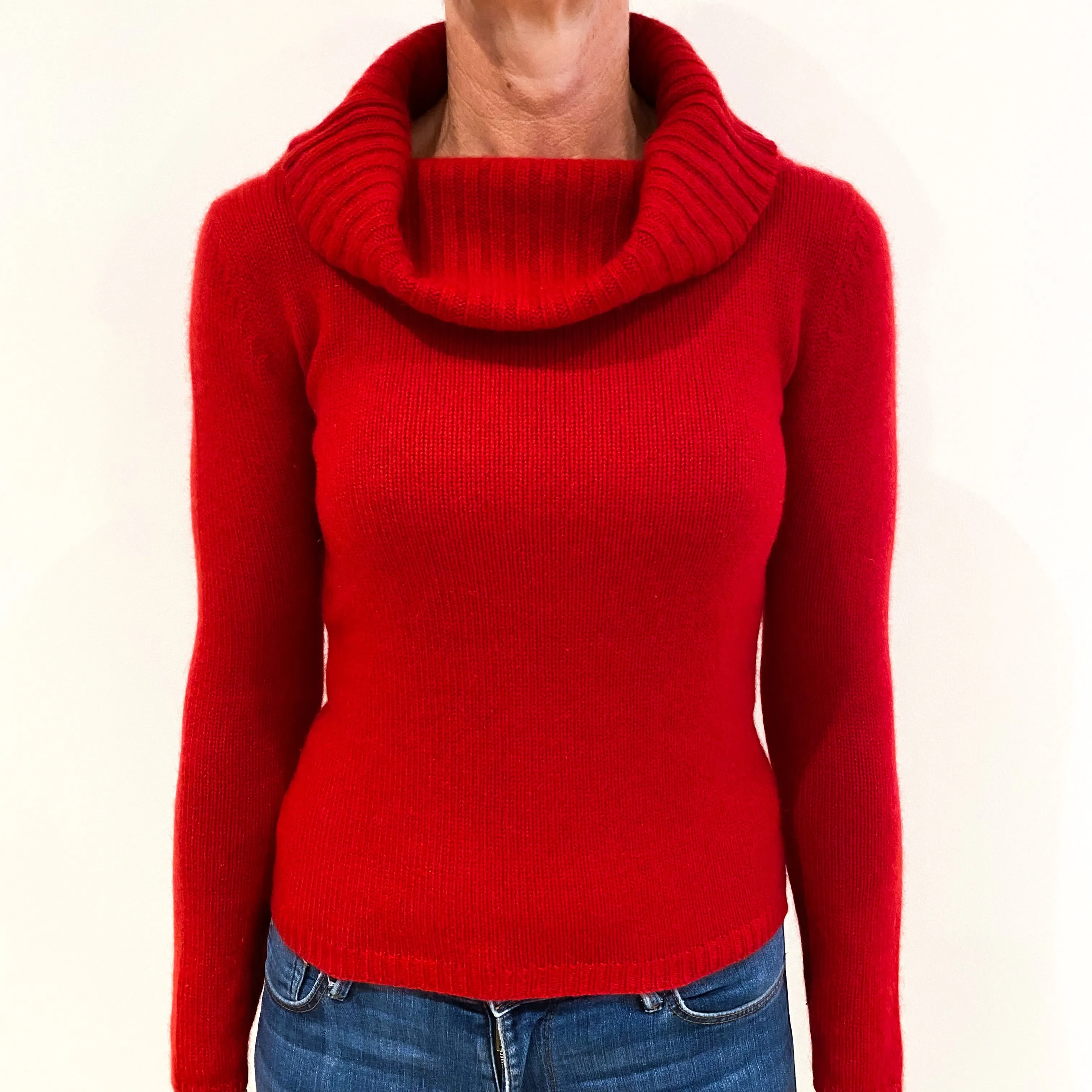 Scarlet Red Heavy Knit Cashmere Polo Neck Jumper Small