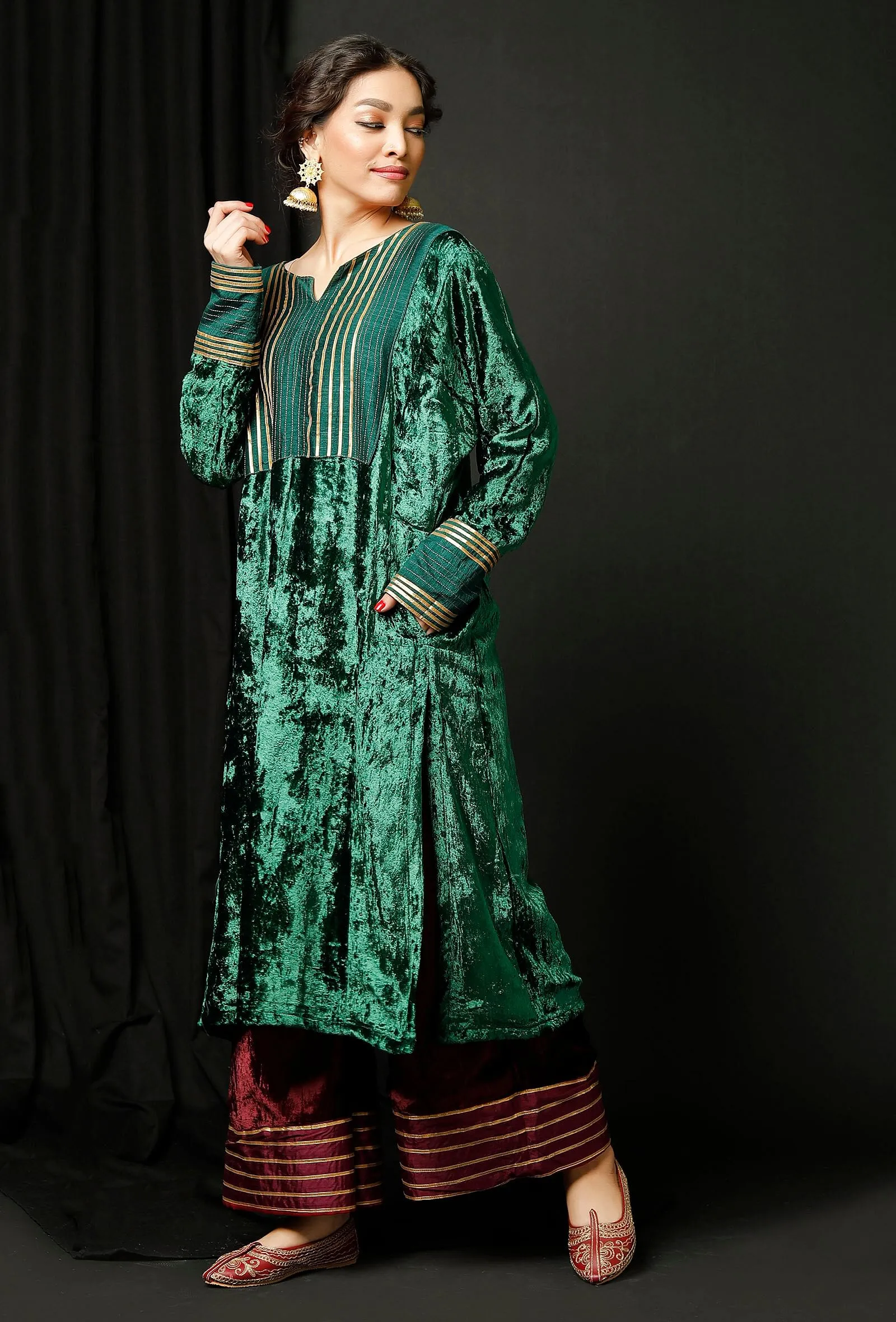 Set of 2 : Green Velvet Phiran and Wine Velvet Pallazo
