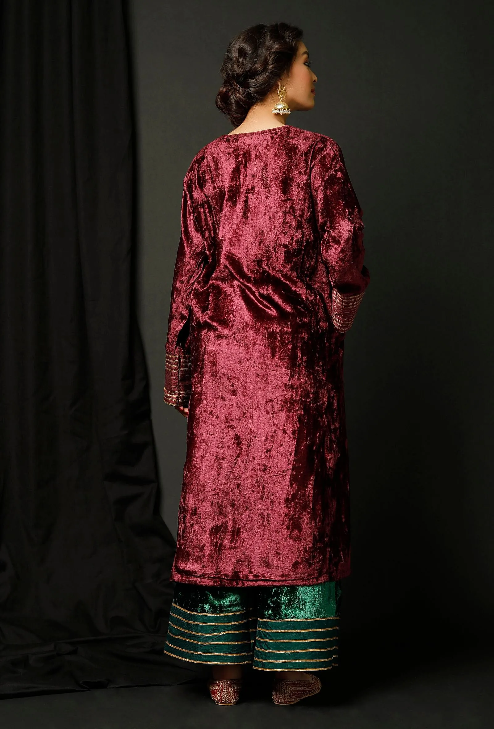 Set of 3 : Wine Velvet Gota Phiran With Bottle Green Velvet Pallazo and Color Block Velvet Odhani