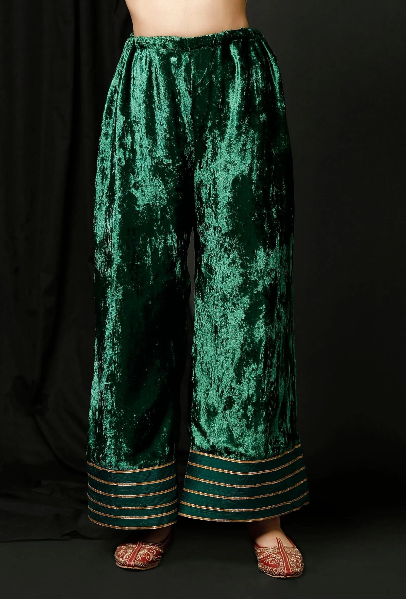 Set of 3 : Wine Velvet Gota Phiran With Bottle Green Velvet Pallazo and Color Block Velvet Odhani