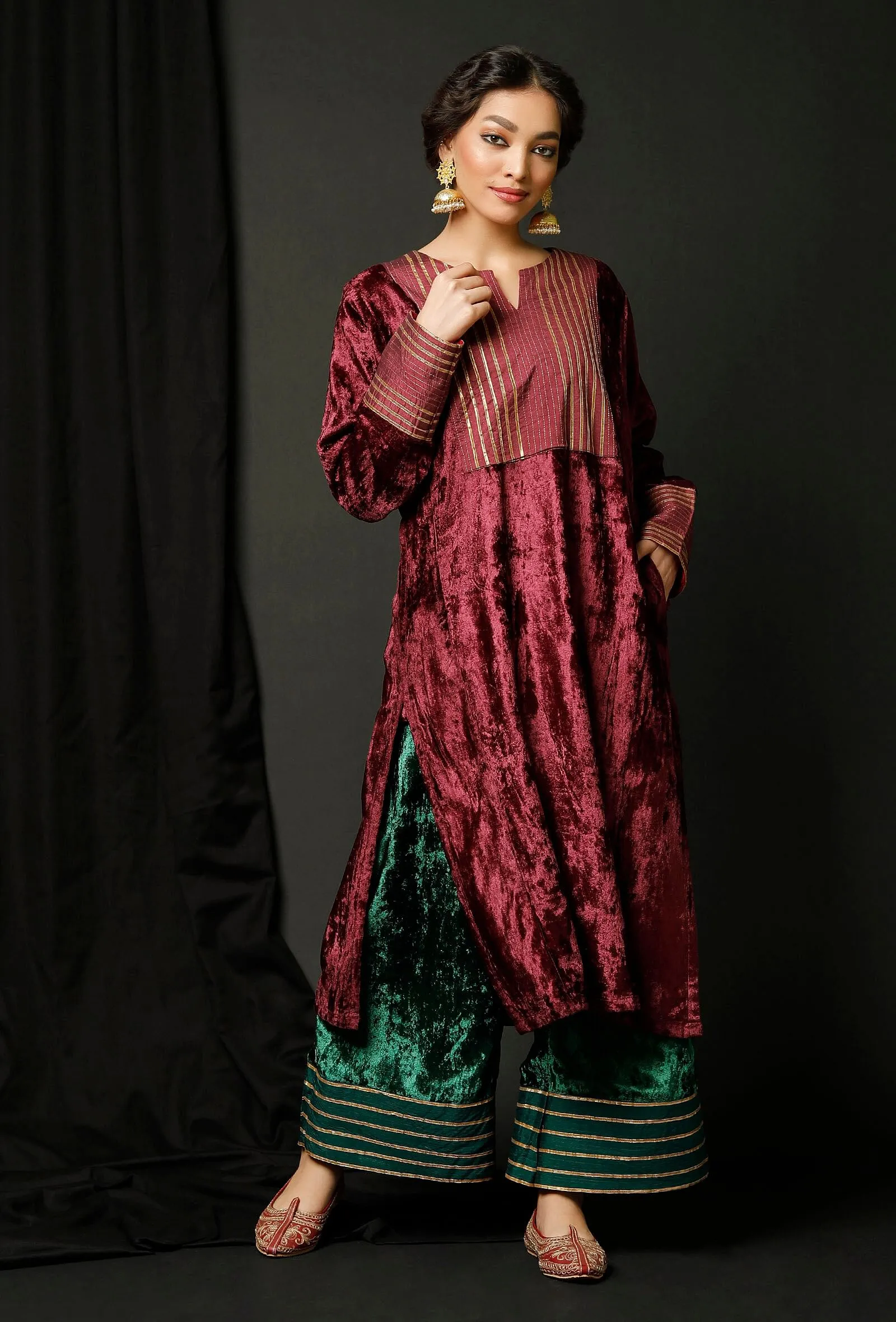Set of 3 : Wine Velvet Gota Phiran With Bottle Green Velvet Pallazo and Color Block Velvet Odhani