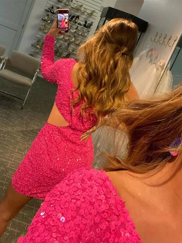 Sheath One Shoulder Long Sleeves Short Velvet Sequin Prom Dress (AF1067)