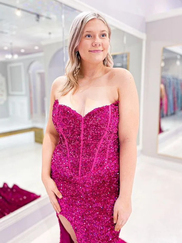 Sheath Sweetheart Sleeveless Long Sweep Train Velvet Sequin Prom Dress (AF1056)