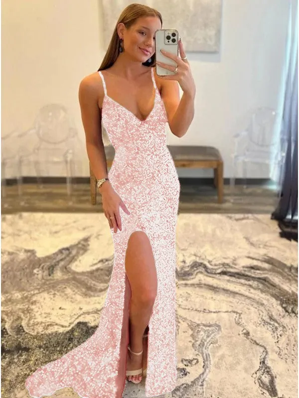 Sheath V-Neck Sleeveless Long Sweep Train Velvet Sequin Prom Dress (AF1008)
