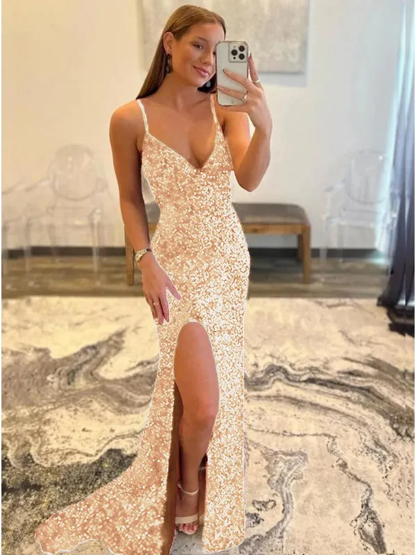 Sheath V-Neck Sleeveless Long Sweep Train Velvet Sequin Prom Dress (AF1008)