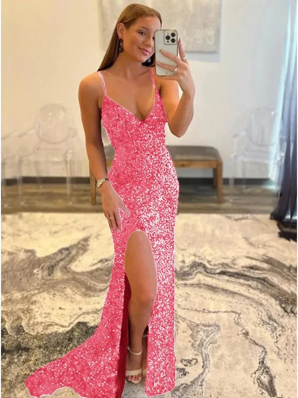 Sheath V-Neck Sleeveless Long Sweep Train Velvet Sequin Prom Dress (AF1008)