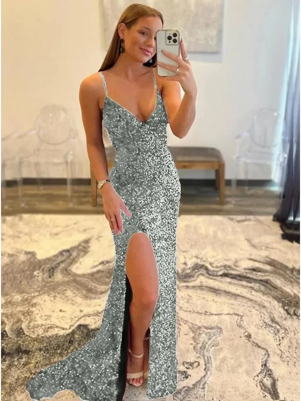 Sheath V-Neck Sleeveless Long Sweep Train Velvet Sequin Prom Dress (AF1008)