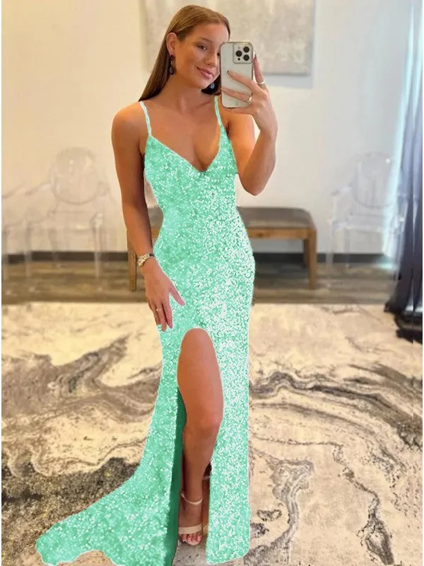 Sheath V-Neck Sleeveless Long Sweep Train Velvet Sequin Prom Dress (AF1008)
