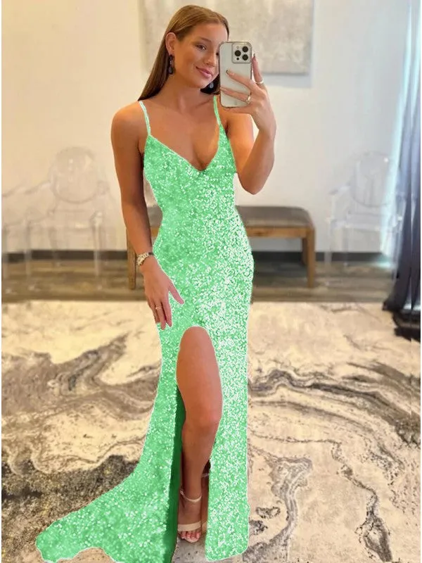 Sheath V-Neck Sleeveless Long Sweep Train Velvet Sequin Prom Dress (AF1008)