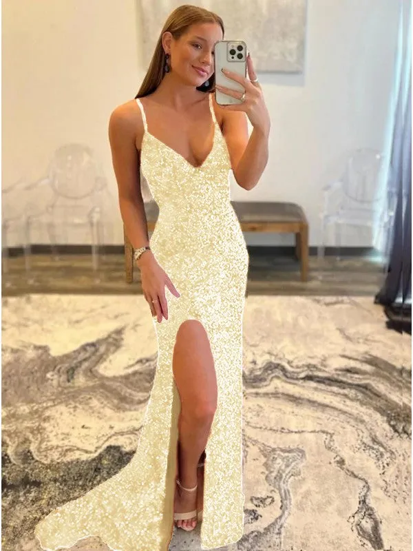 Sheath V-Neck Sleeveless Long Sweep Train Velvet Sequin Prom Dress (AF1008)