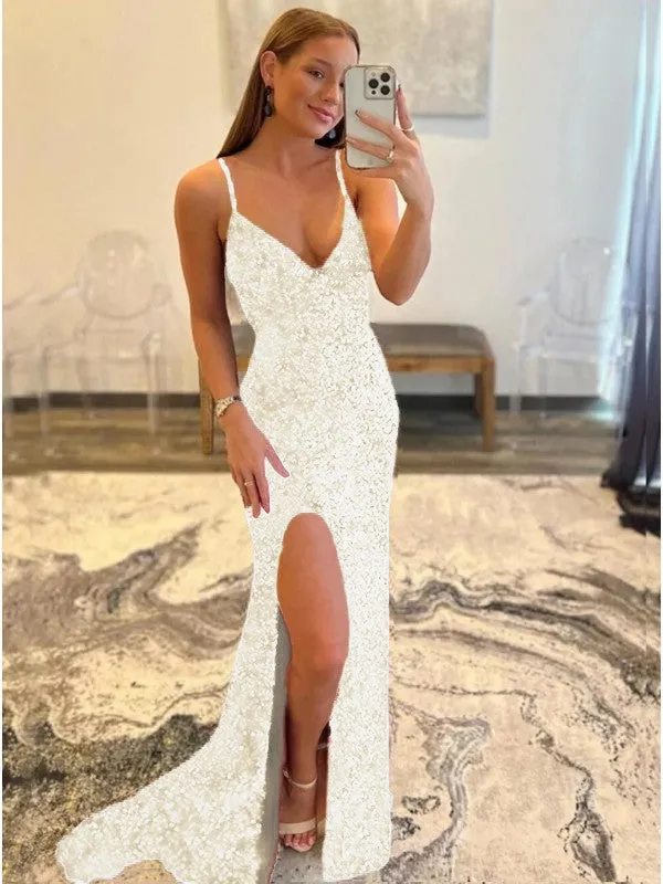 Sheath V-Neck Sleeveless Long Sweep Train Velvet Sequin Prom Dress (AF1008)