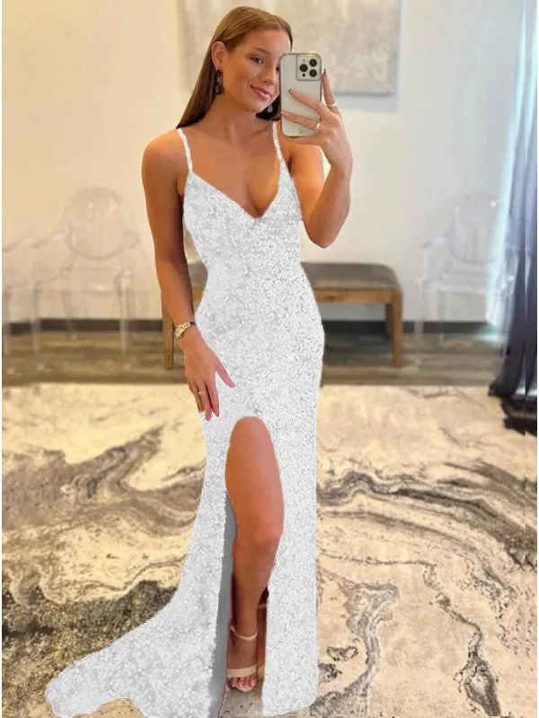 Sheath V-Neck Sleeveless Long Sweep Train Velvet Sequin Prom Dress (AF1008)