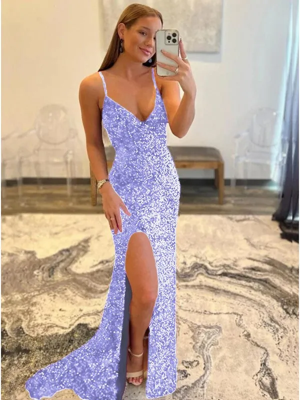 Sheath V-Neck Sleeveless Long Sweep Train Velvet Sequin Prom Dress (AF1008)