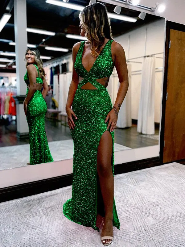Sheath V-Neck Sleeveless Long Sweep Train Velvet Sequin Prom Dress (AF1009)