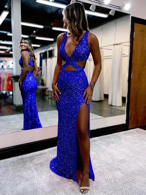 Sheath V-Neck Sleeveless Long Sweep Train Velvet Sequin Prom Dress (AF1009)