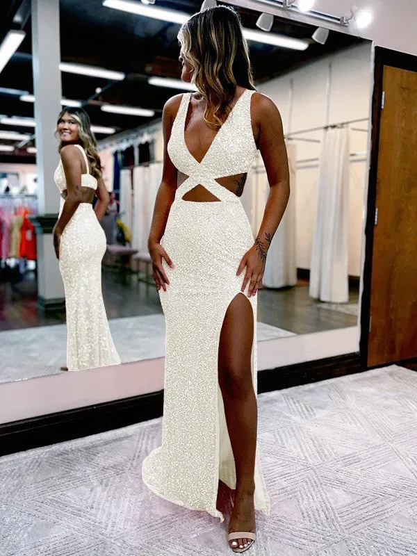 Sheath V-Neck Sleeveless Long Sweep Train Velvet Sequin Prom Dress (AF1009)