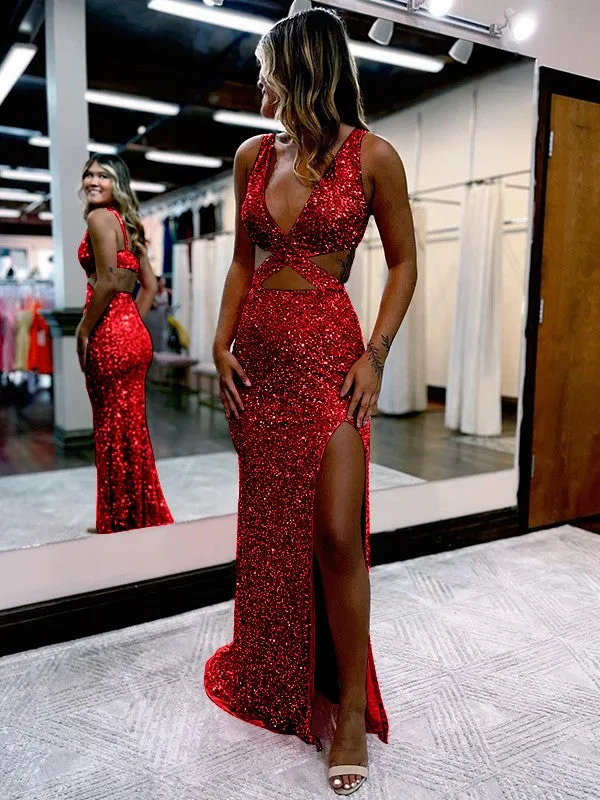 Sheath V-Neck Sleeveless Long Sweep Train Velvet Sequin Prom Dress (AF1009)