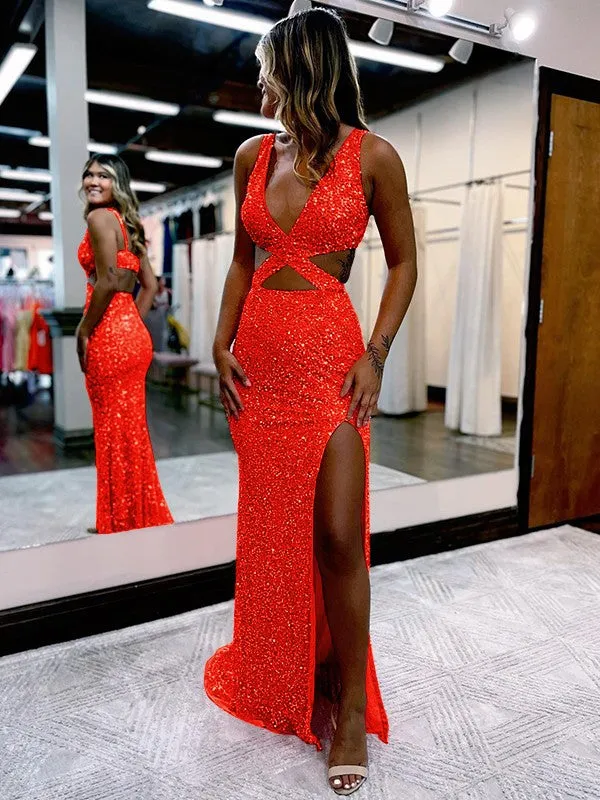 Sheath V-Neck Sleeveless Long Sweep Train Velvet Sequin Prom Dress (AF1009)