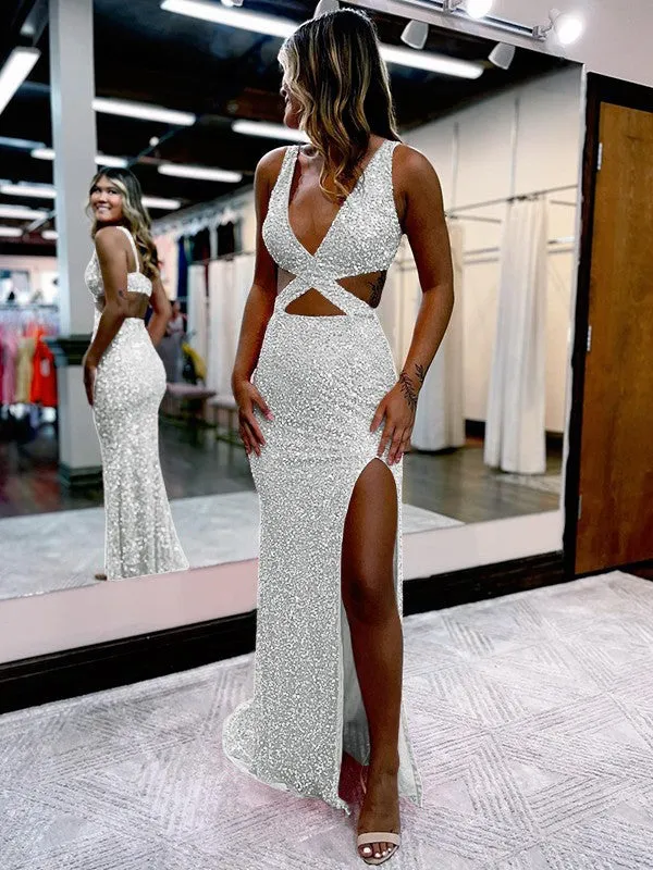 Sheath V-Neck Sleeveless Long Sweep Train Velvet Sequin Prom Dress (AF1009)