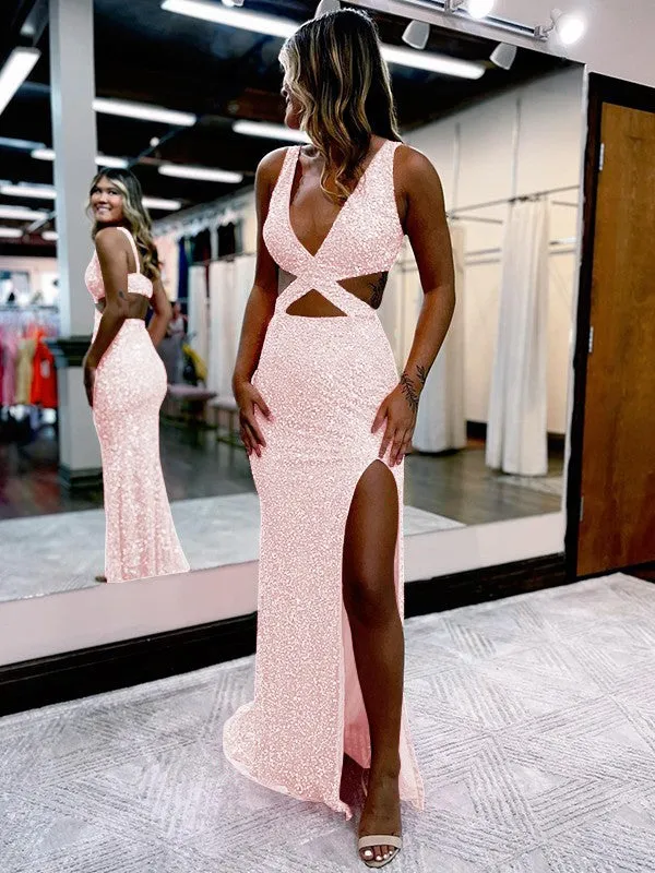 Sheath V-Neck Sleeveless Long Sweep Train Velvet Sequin Prom Dress (AF1009)
