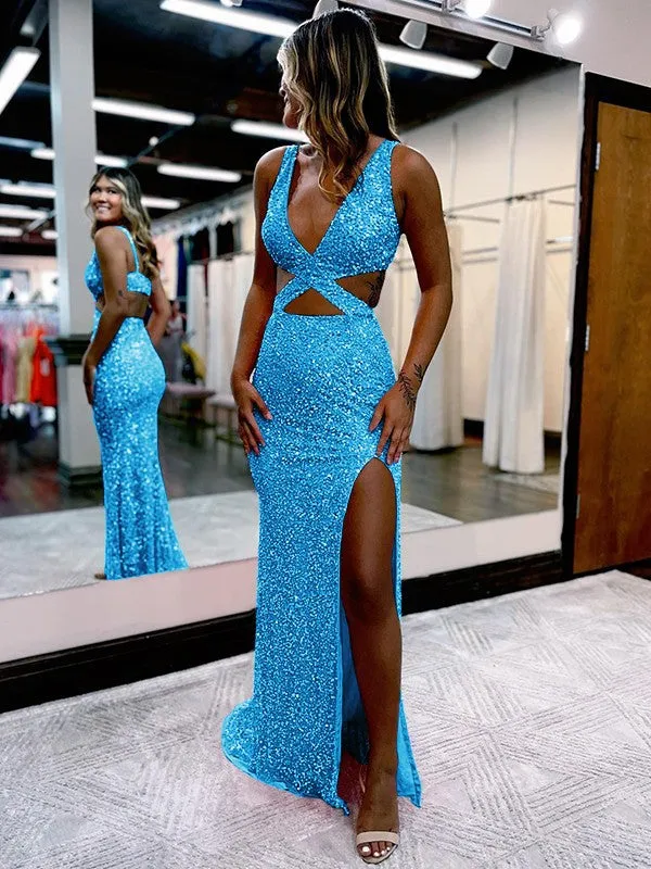Sheath V-Neck Sleeveless Long Sweep Train Velvet Sequin Prom Dress (AF1009)