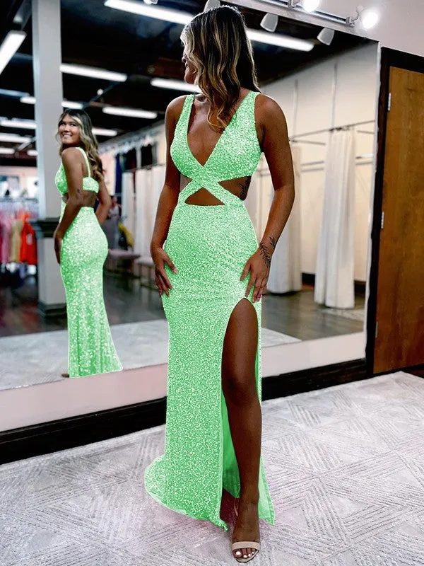 Sheath V-Neck Sleeveless Long Sweep Train Velvet Sequin Prom Dress (AF1009)
