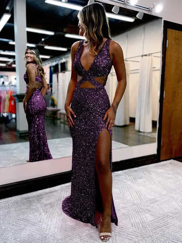Sheath V-Neck Sleeveless Long Sweep Train Velvet Sequin Prom Dress (AF1009)
