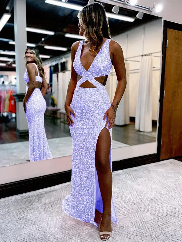 Sheath V-Neck Sleeveless Long Sweep Train Velvet Sequin Prom Dress (AF1009)