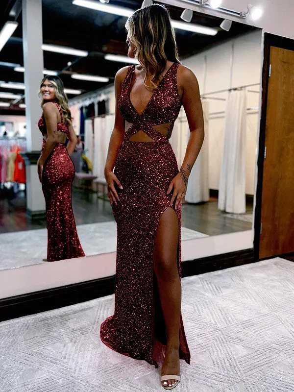 Sheath V-Neck Sleeveless Long Sweep Train Velvet Sequin Prom Dress (AF1009)