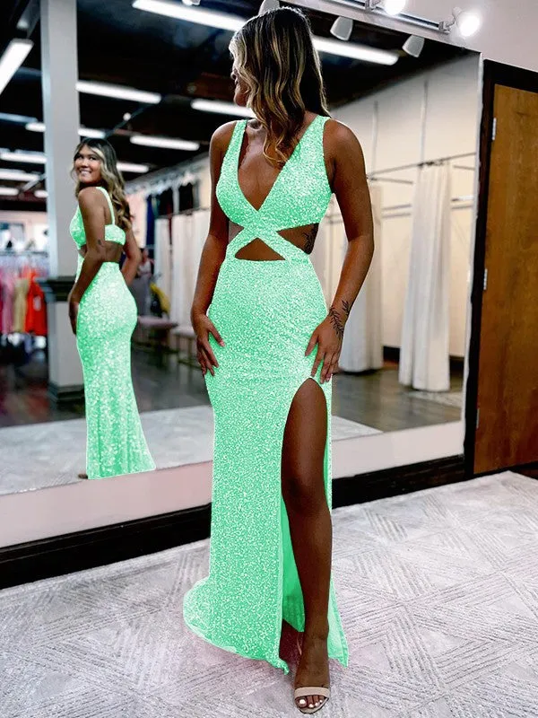Sheath V-Neck Sleeveless Long Sweep Train Velvet Sequin Prom Dress (AF1009)