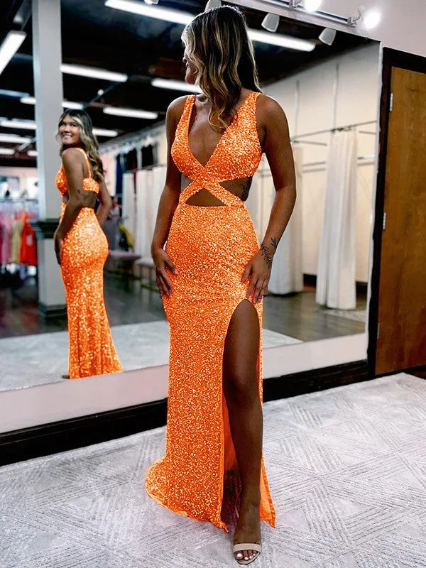 Sheath V-Neck Sleeveless Long Sweep Train Velvet Sequin Prom Dress (AF1009)