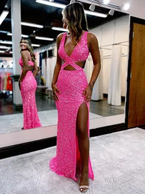 Sheath V-Neck Sleeveless Long Sweep Train Velvet Sequin Prom Dress (AF1009)