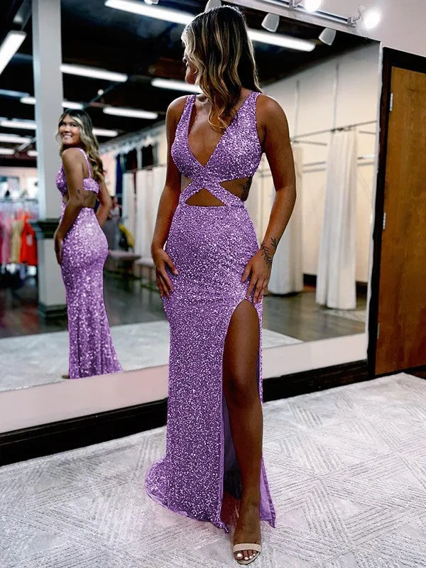 Sheath V-Neck Sleeveless Long Sweep Train Velvet Sequin Prom Dress (AF1009)